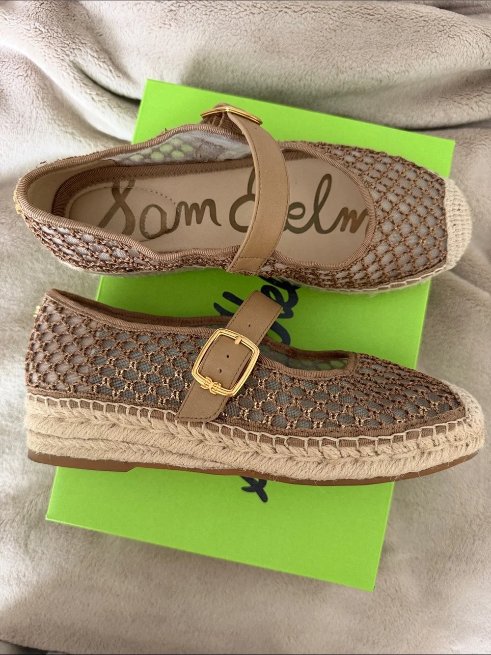 Sam Edelman Mackie Gold/Tan Crochet Espadrille Mary Jane Shoes, size 6.5